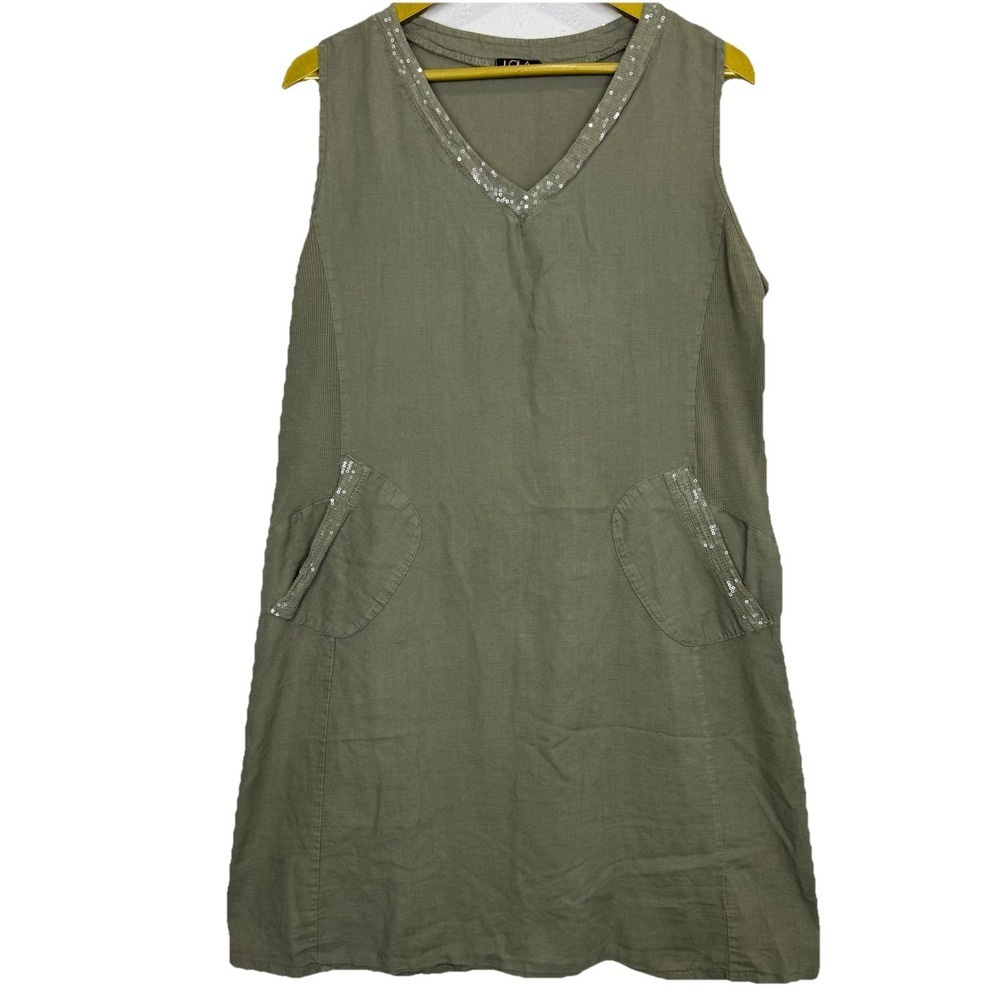 Made In Italy Linen Blend Midi Dress Size M Green Boho Lagenlook Sequins Pockets